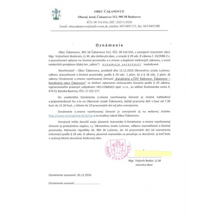 Kanalizácia a ČOV Radzovce, Čakanovce - Kanalizácia obce Čakanovce
